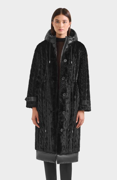 Oriana Cable Pattern Faux Fur Coat with Removable Puffer Hood