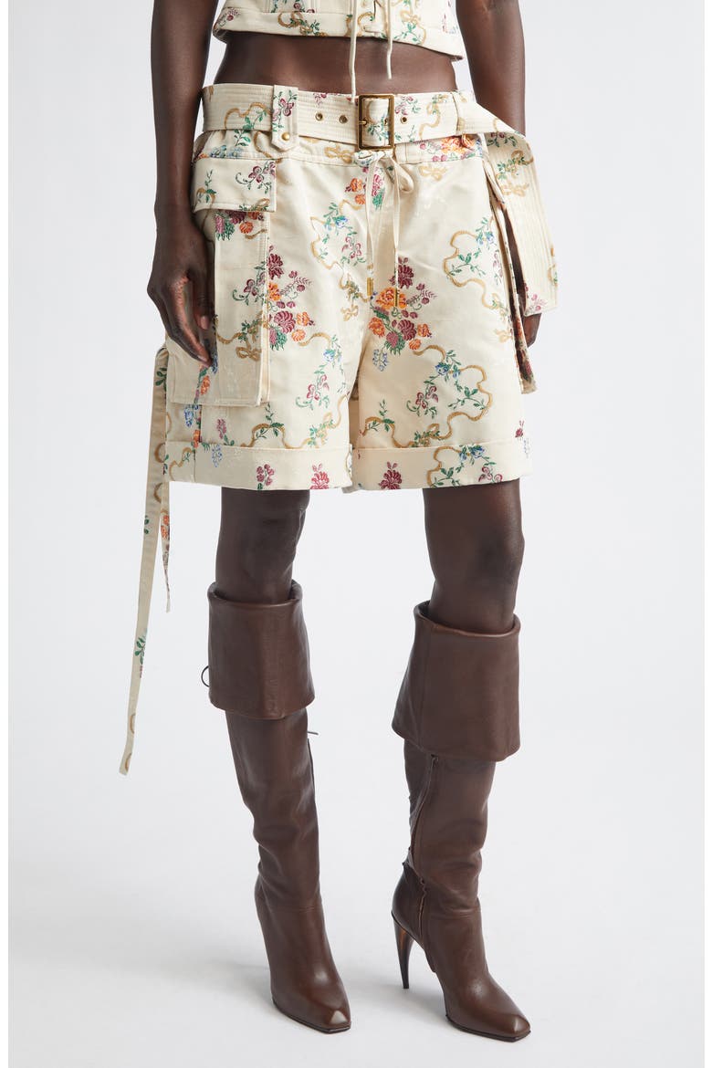 Oversize Floral Jacquard Cargo Shorts, Alternate, color, IVORY MULTICOLOUR