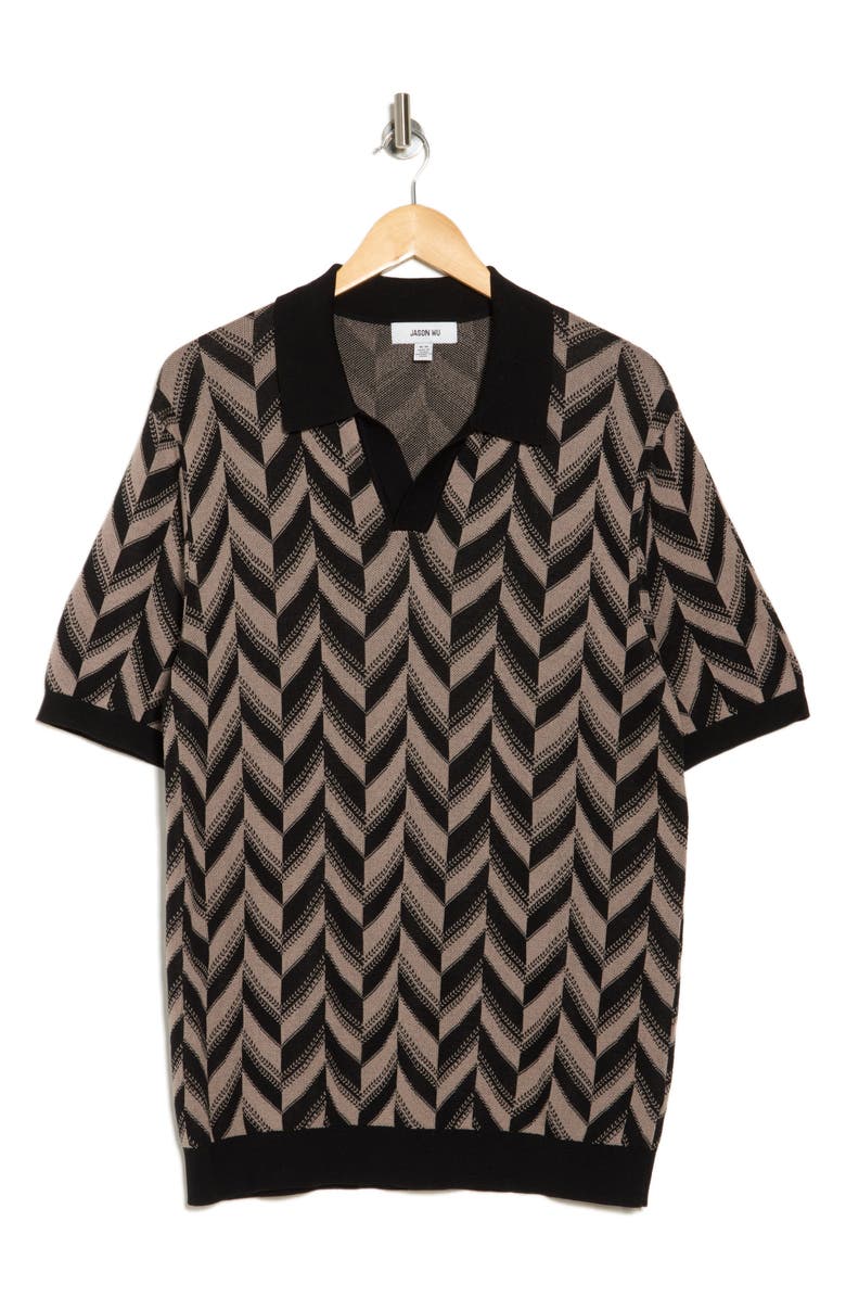 JASON WU Johnny Collar Silk & Cotton Jacquard Polo, Alternate, color, Black/ Soft Taupe