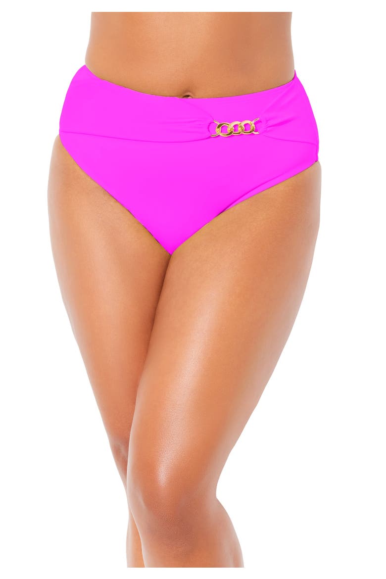High Waist Chain Accent Tummy Control Swim Brief, Main, color, Fluorescent Pink