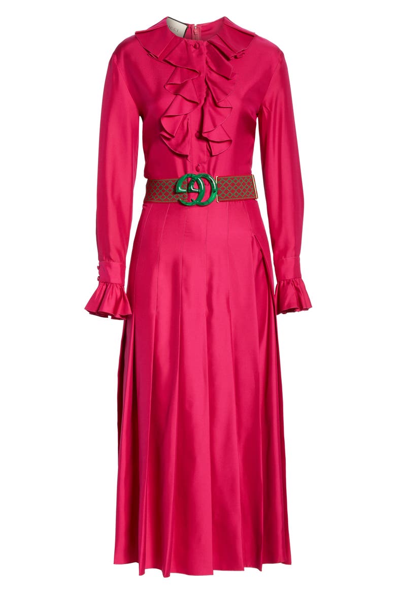 Ruffle Front Silk Twill Dress, Alternate, color, HOT PINK