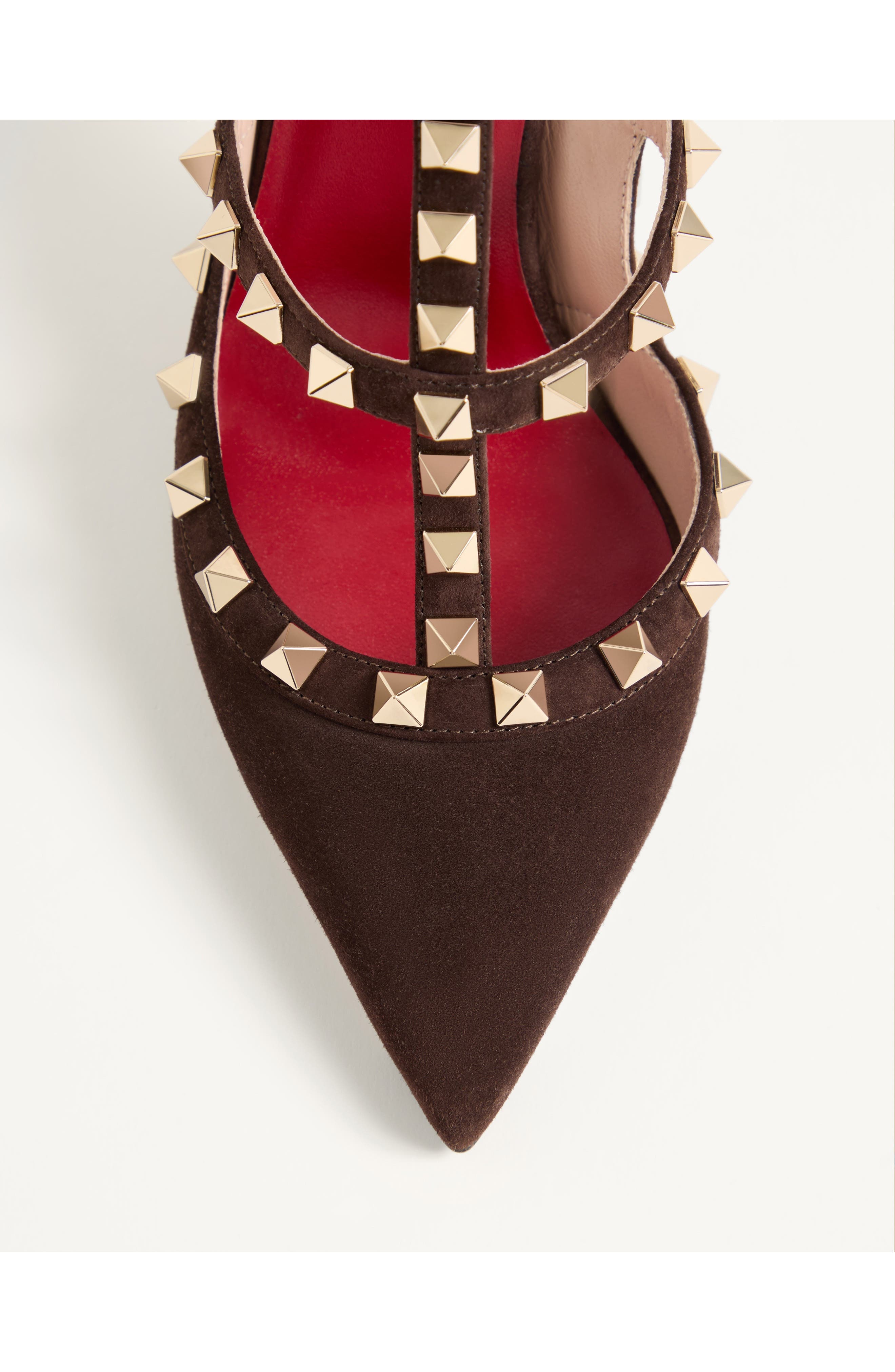 Valentino Rockstud Pointed Toe Ankle Strap Pump, Alternate, color, Brown