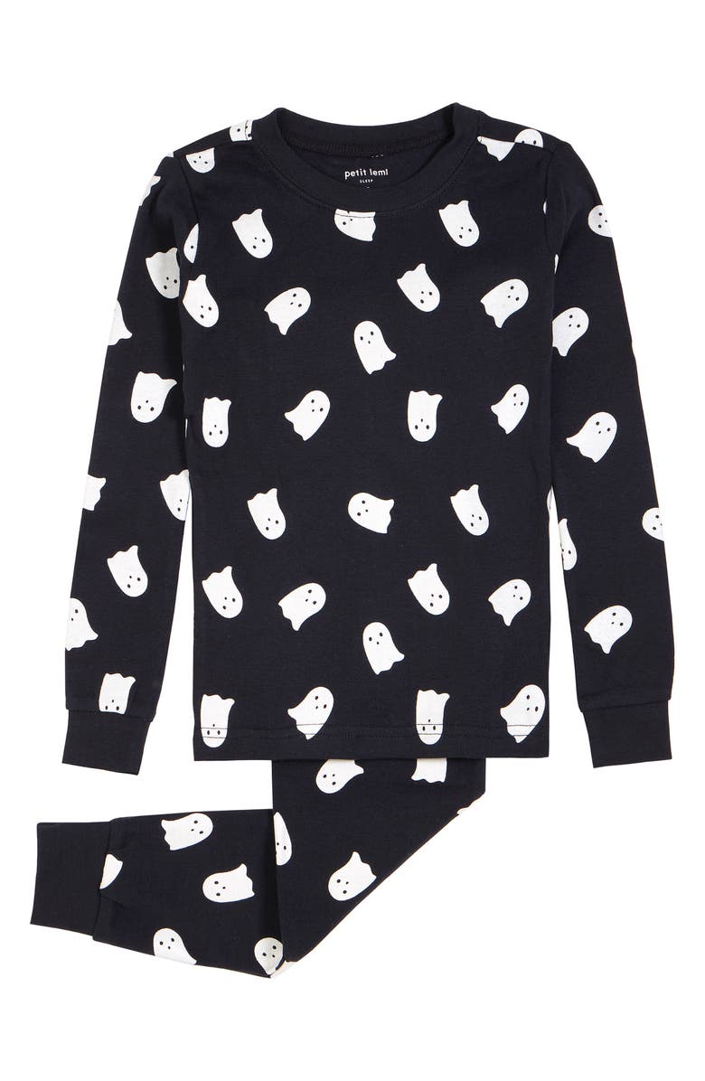 Petit Lem Kids' Ghost Glow in the Dark Print Fitted Two-Piece Organic Cotton Pajamas, Main, color, Black