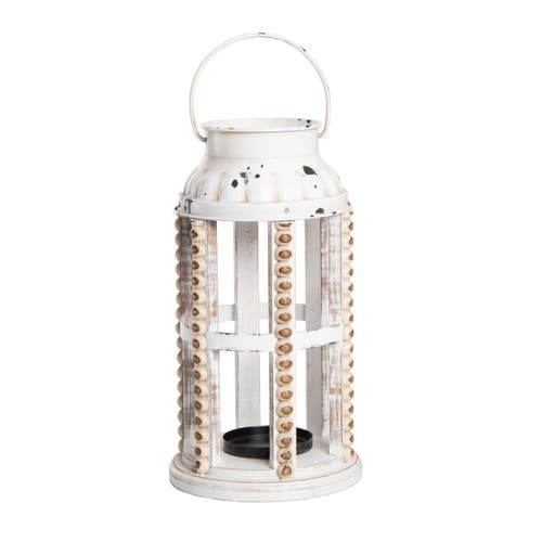Transpac White Rustic Hobnail Decorative Lantern Wooden Candle Holder In White