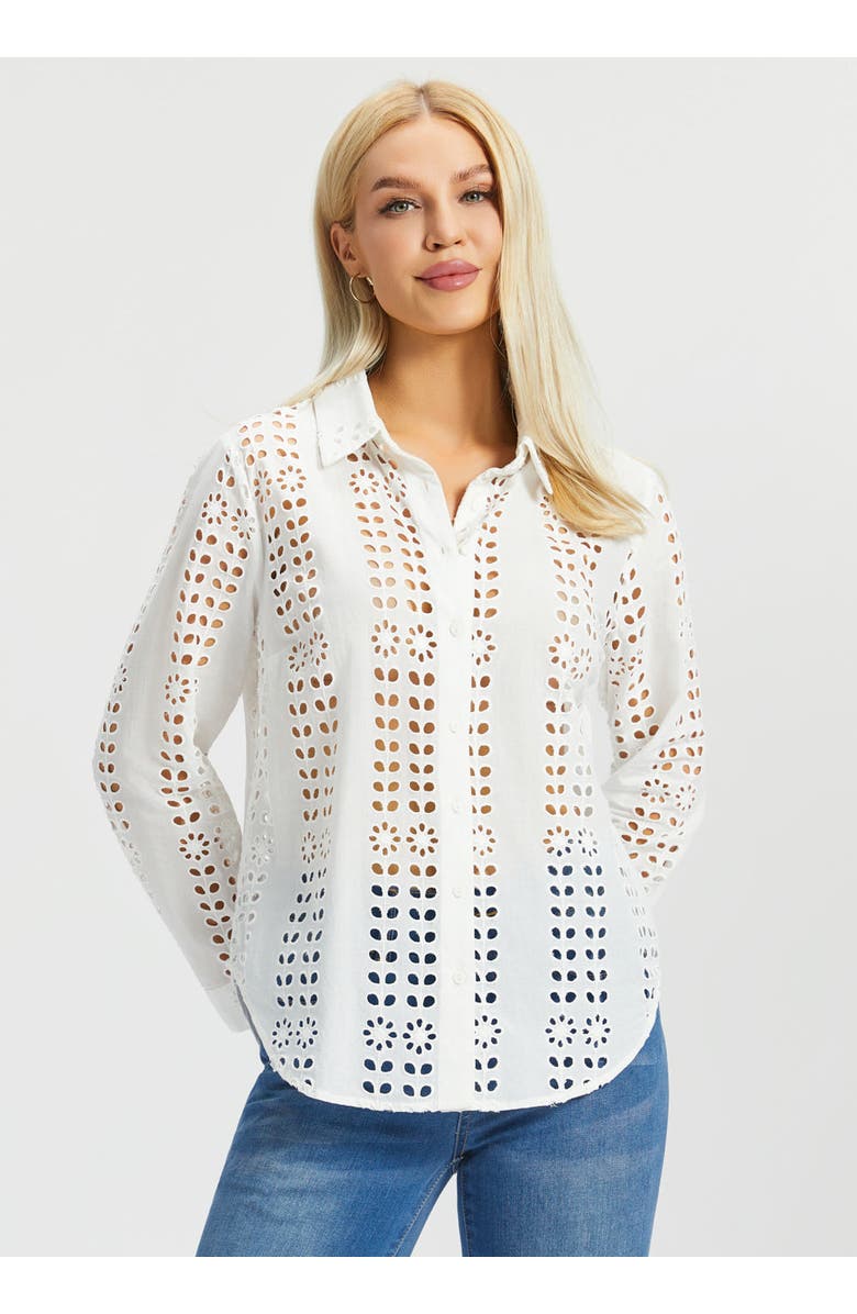 Betabrand Eyelet Shirt Long Sleeve Cotton, Main, color, Star White