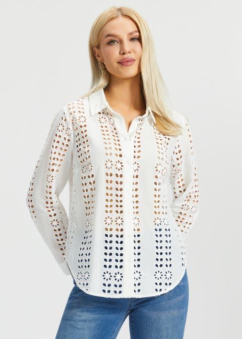Eyelet Shirt Long Sleeve Cotton
