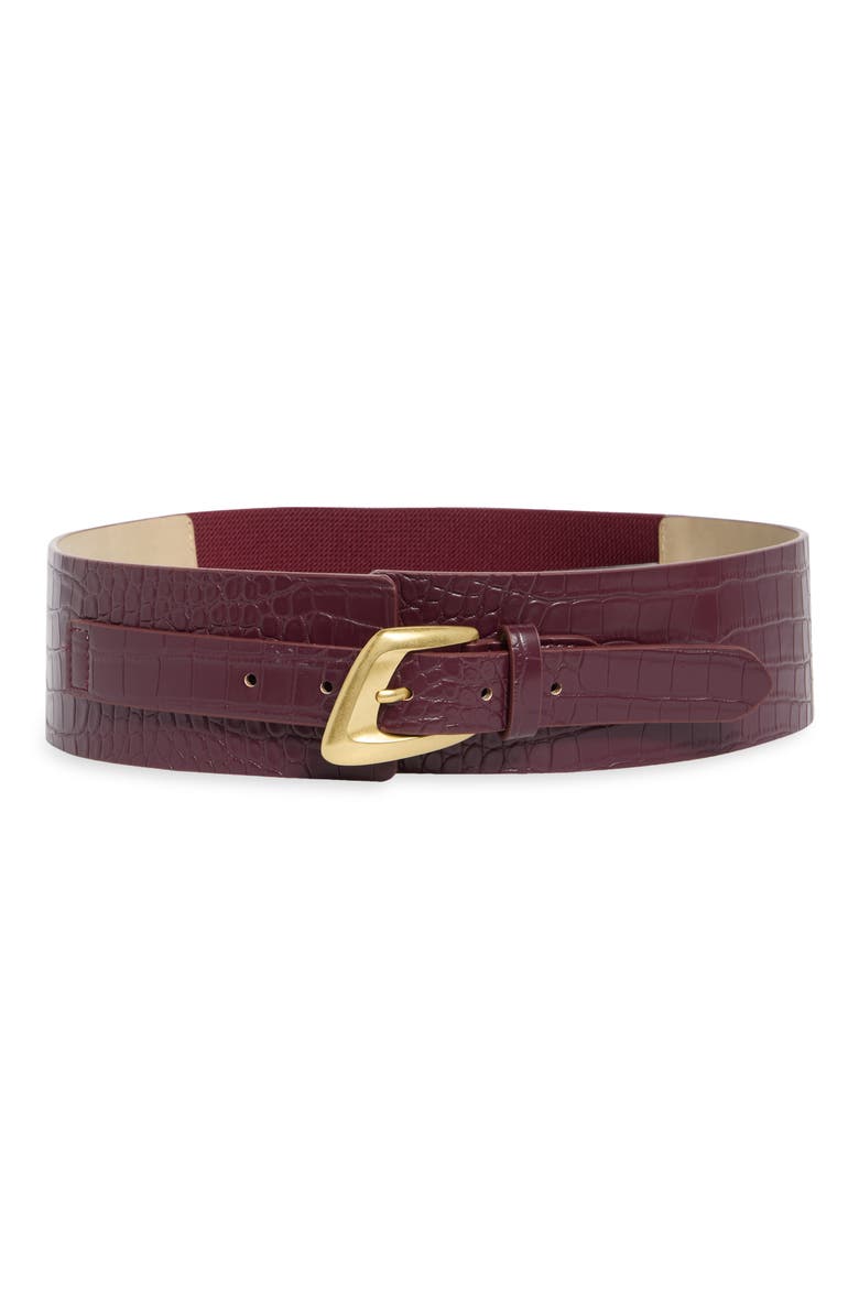 Asymmetrical Buckle Stretch Faux Leather Belt, Main, color, BORDEAUX
