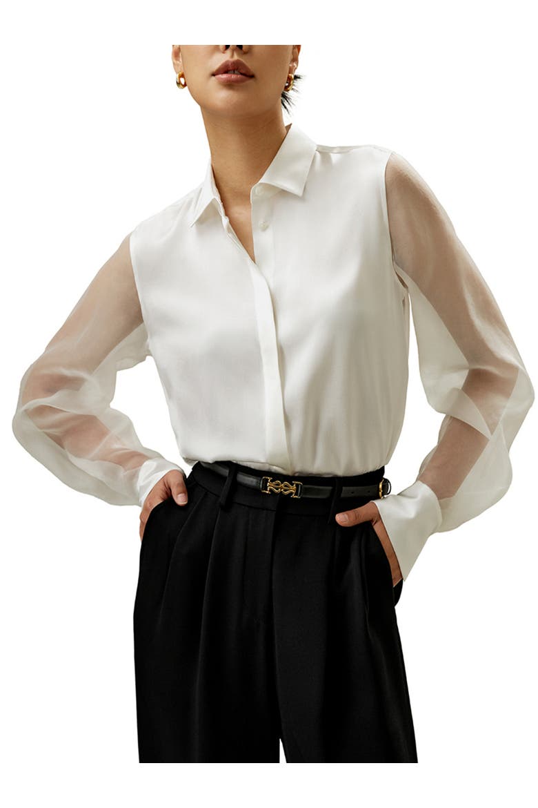Women's Ethereal Crisp Sheer Sleeves Silk Shirt, Main, color, Natural White