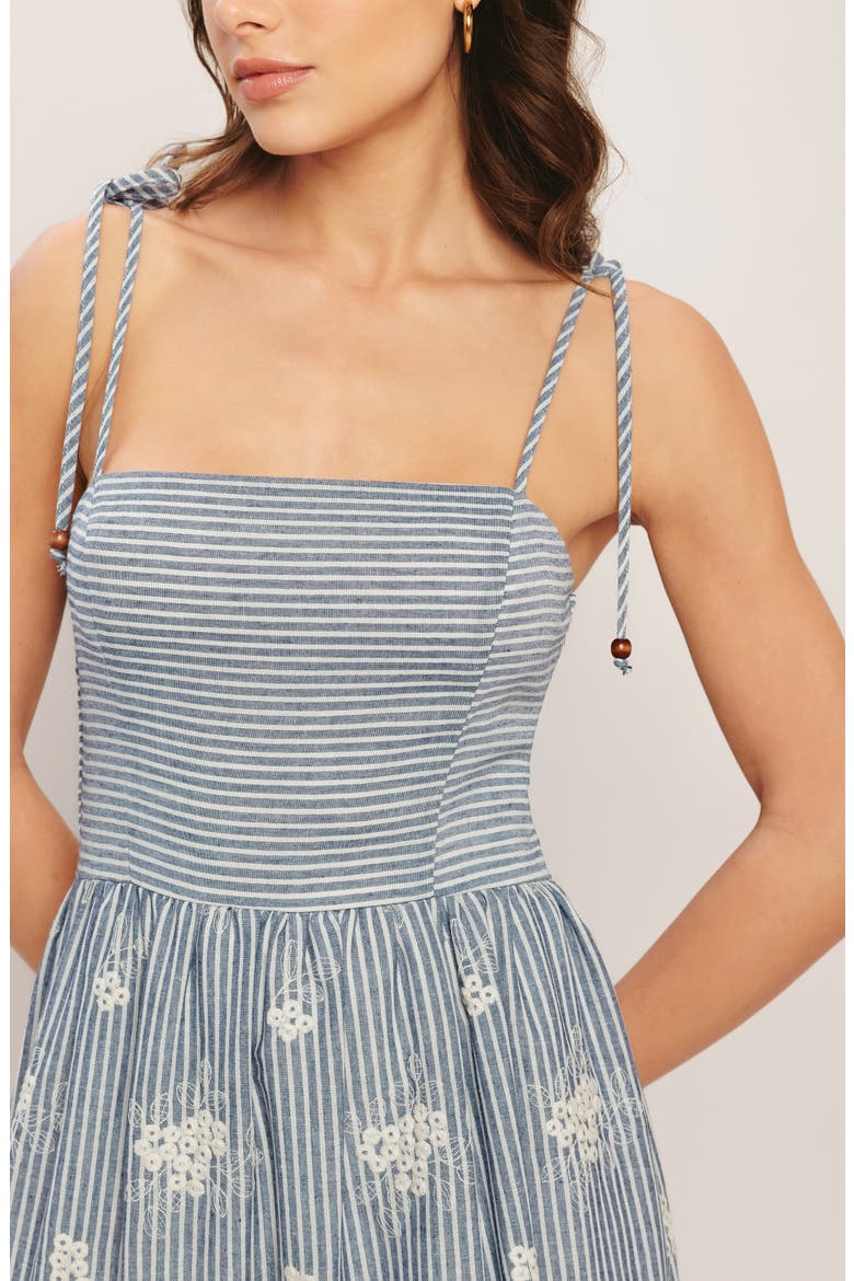 Stripe Floral Embroidered Tie Shoulder Midi Dress, Alternate, color, STRIPED INDIGO