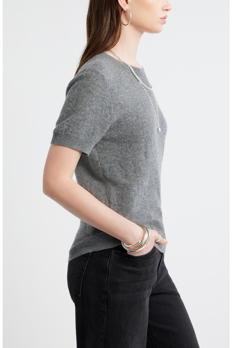 Floral Jacquard Short Sleeve Wool & Cashmere Sweater, Alternate, color, GREY DARK HEATHER