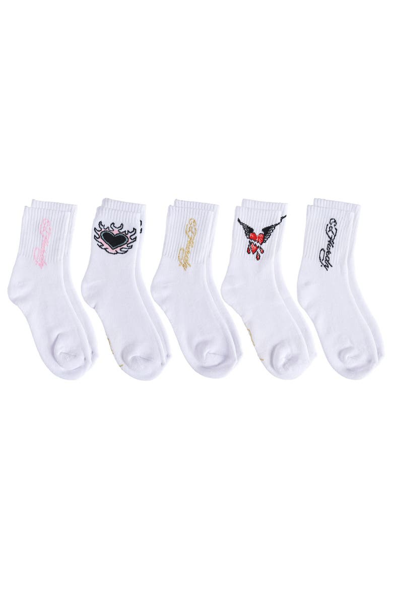 Heart Flame Print Full Cushion Mid Crew Sock 5-Pack, Alternate, color, White Multi