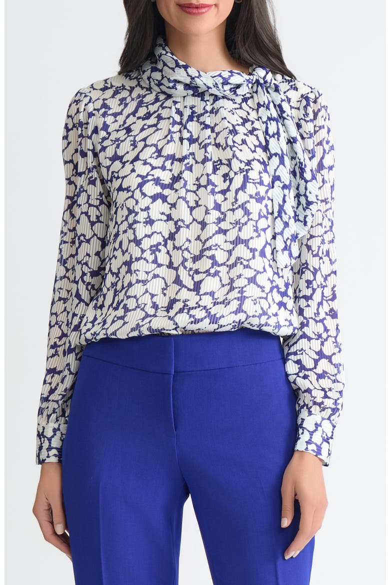 Tie Neck Long Sleeve Satin Top, Main, color, ROYAL SIG/ VNILA ICE