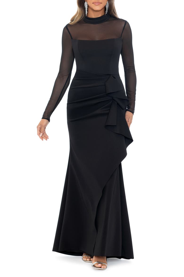 Side Ruched Illusion Sleeve Gown, Main, color, BLACK