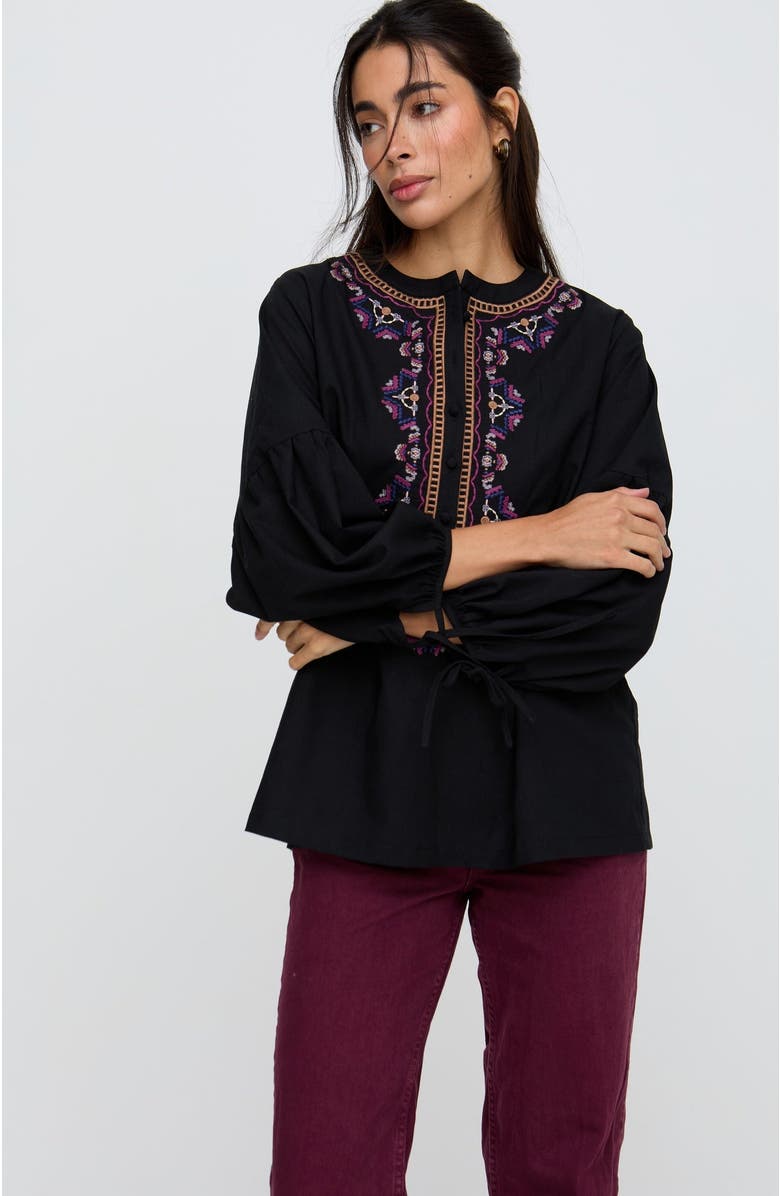 Raffya Anai Half Placket Embroidered Blouse, Main, color, Black