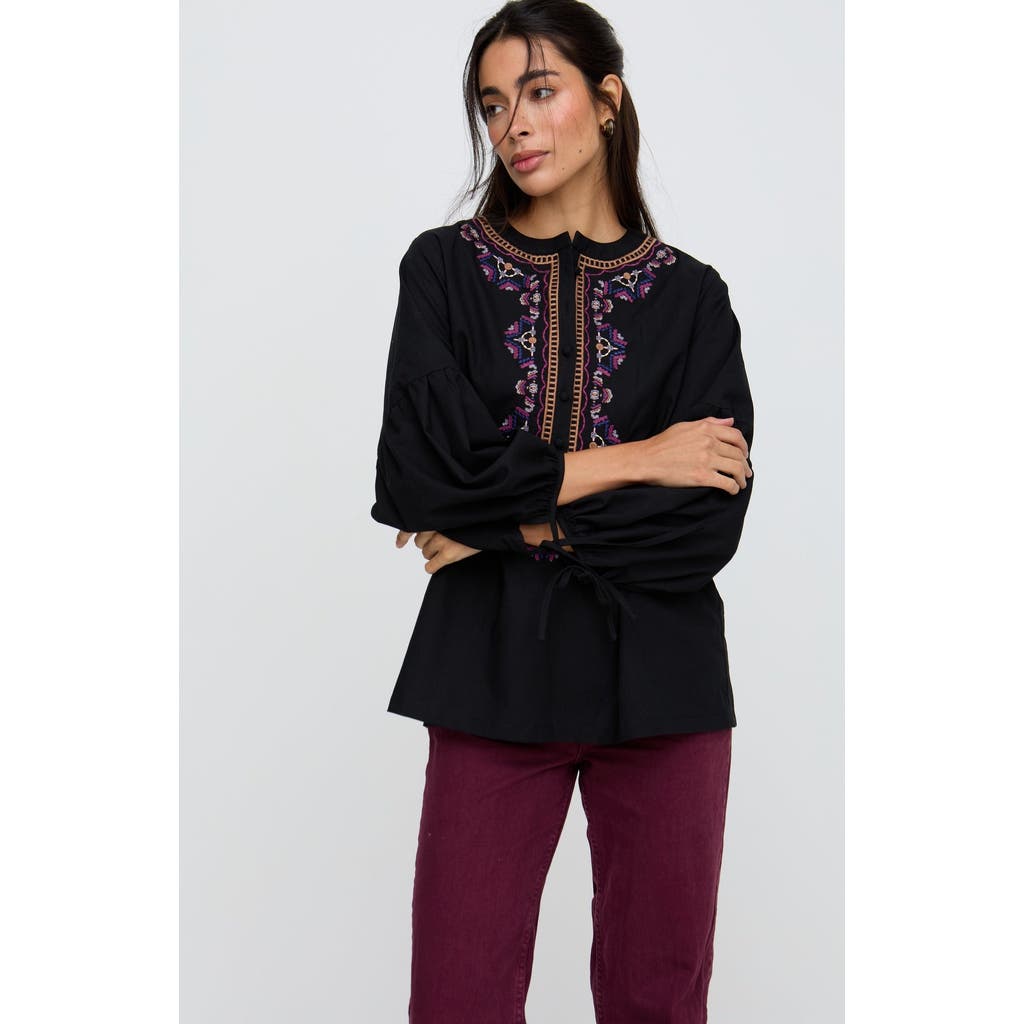 Raffya Anai Half Placket Embroidered Blouse In Black
