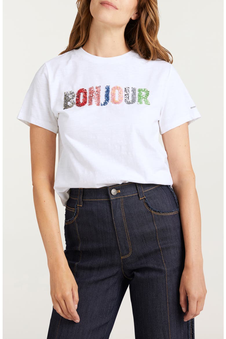 Bonjour Sequin Appliqué Cotton T-Shirt, Main, color, WHITE/ MULTI
