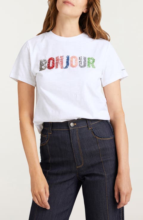 Bonjour Sequin Appliqué Cotton T-Shirt