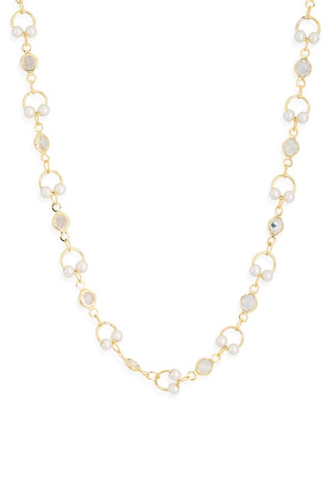 Faux Pearl & Bezel Stone Necklace
