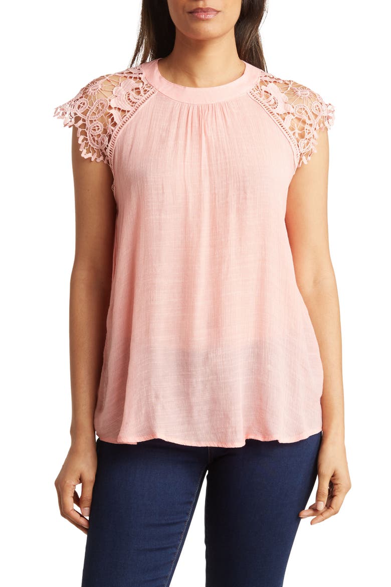 Crochet Cap Sleeve Blouse, Main, color, BLUSH
