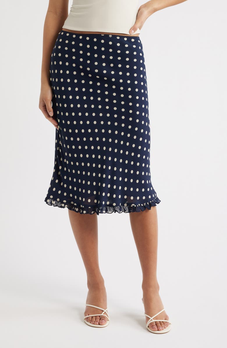 Reformation Layla Flare Polka Dot Midi Skirt, Main, color, Orion Dot