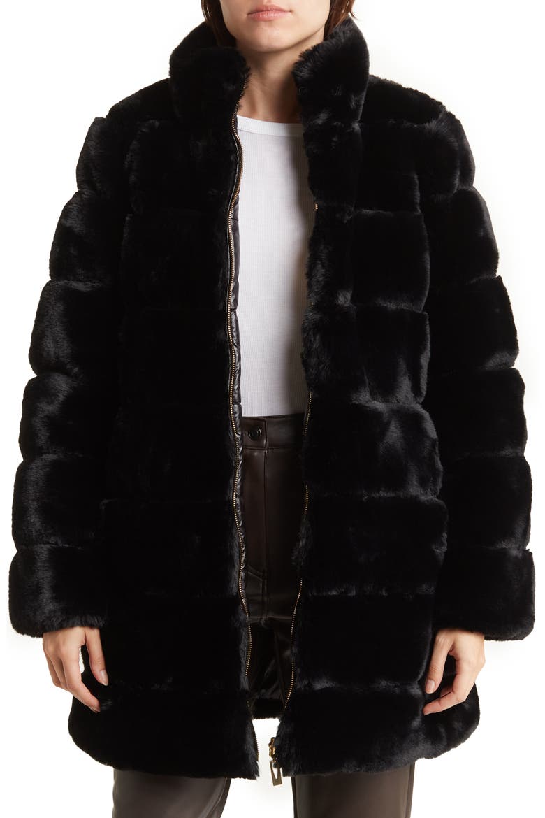 Reversible Faux Fur Puffer Jacket, Main, color, BLACK