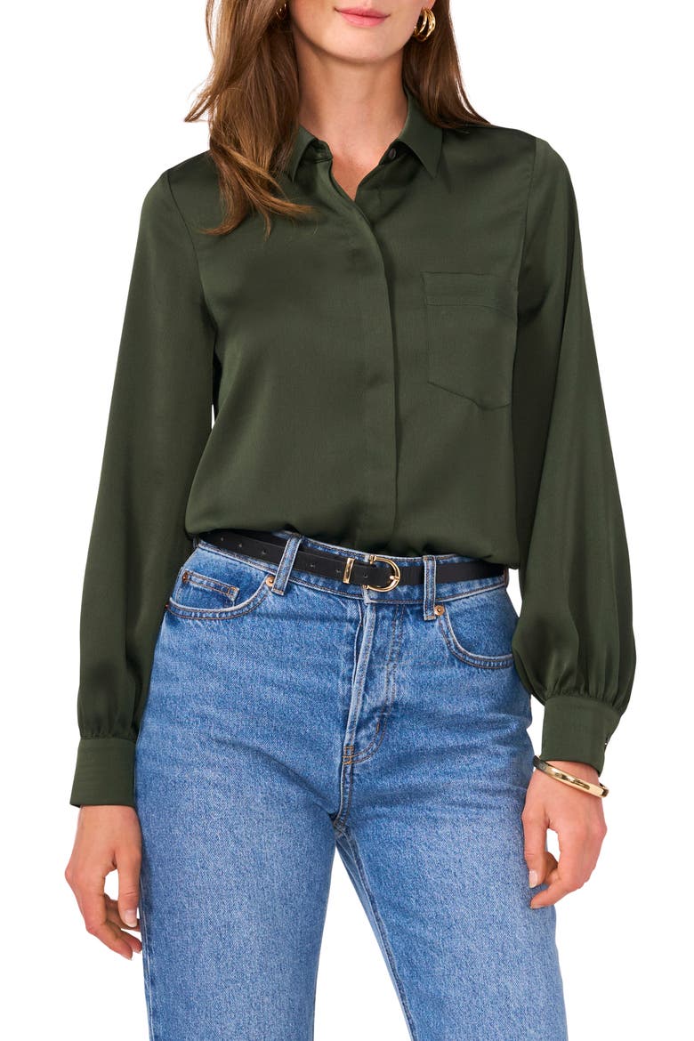 Long Sleeve Satin Button-Up Shirt, Main, color, MILITARY GREEN