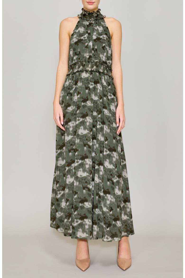 Printed Mock Neck Chiffon Maxi Dress, Main, color, KHAKI CHARCOAL MULTI