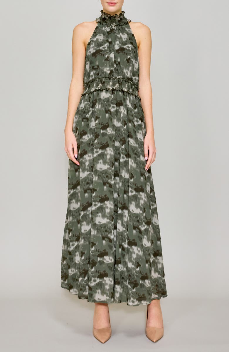 MELLODAY Printed Mock Neck Chiffon Maxi Dress, Main, color, Khaki Charcoal Multi