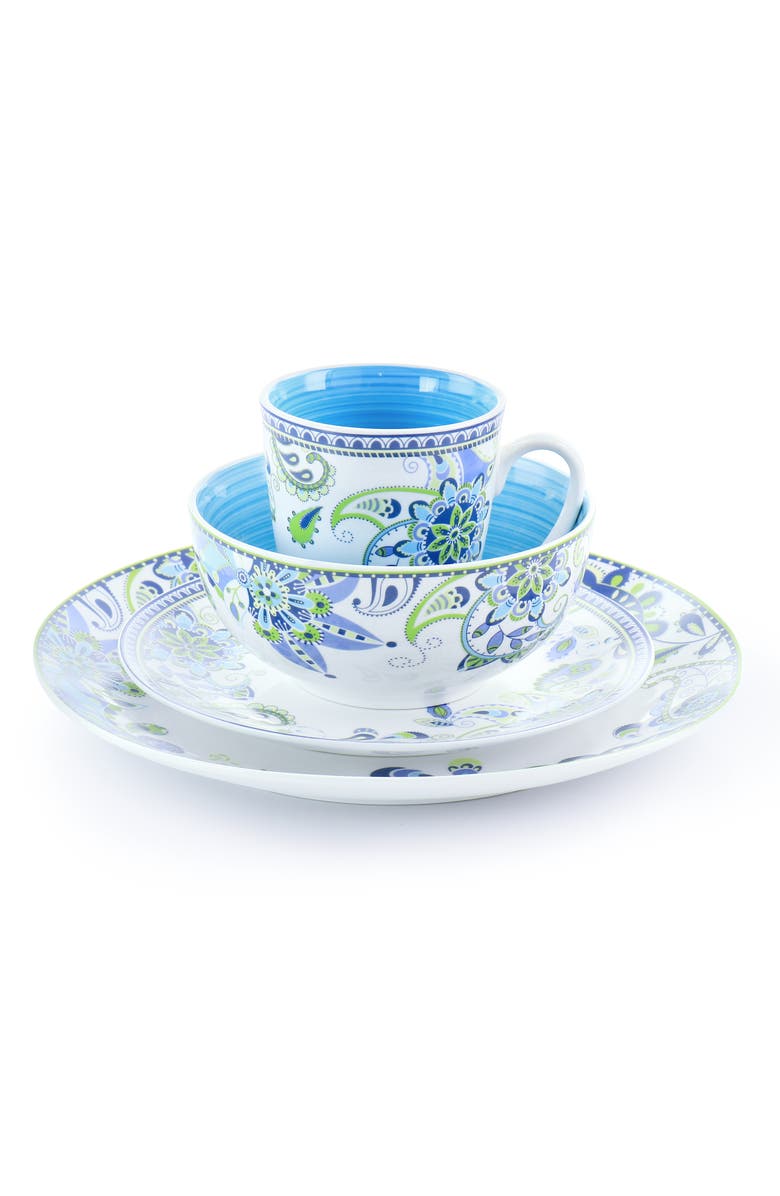 Elama Blue Fiesta 16 Piece Round Porcelain Dinnerware Set, Alternate, color, Blue