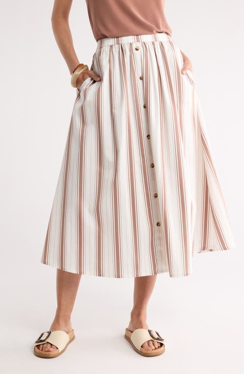 Button Front Poplin Midi Skirt