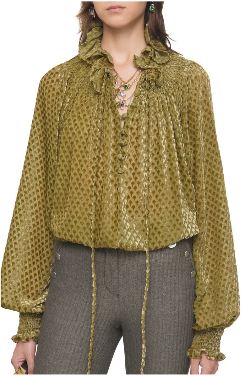 Burberry Torch Silk Blend Velvet Blouse, Main, color, Cricket Yellow