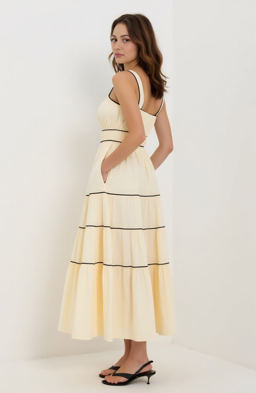 Modenaire Strappy Tiered Maxi Dress With Contrasting Trim And Flowing Silhouette In Yellow