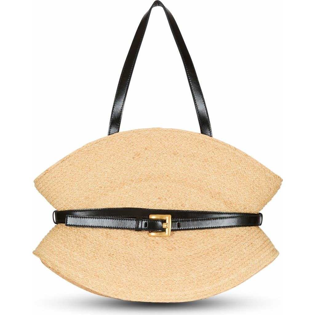 Balmain Medium Raffia And Calfskin Sculptural Bag In Nude