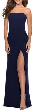 La Femme Strapless Double Strap Long Jersey Prom Dress