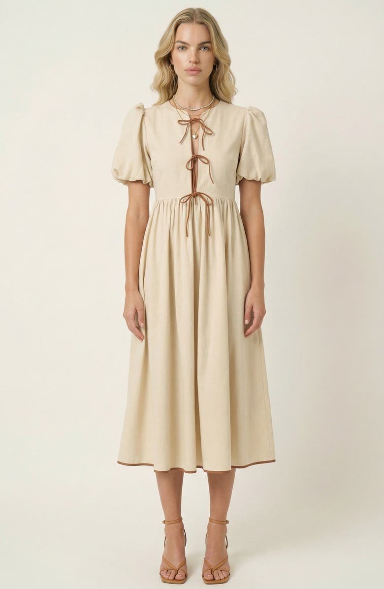 Modenaire Midi Puff Sleeve Dress with Contrast Ties and Hemline Trim, Main, color, Off-White / Cream