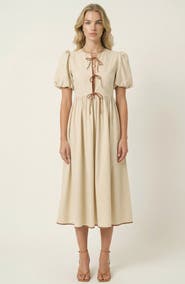 Modenaire Midi Puff Sleeve Dress with Contrast Ties and Hemline Trim