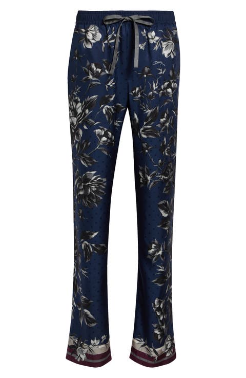Peony Print Silk Twill Drawstring Pants