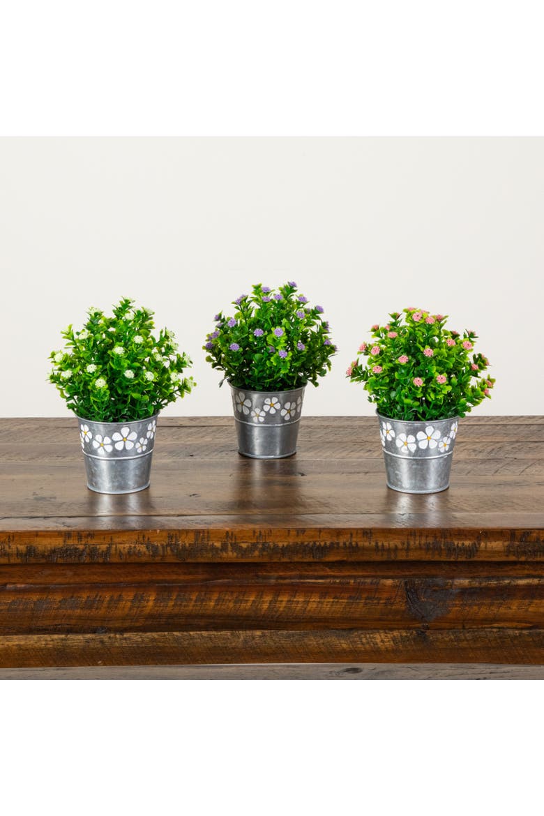8-in Artificial Flowering Plant in Decorative Daisy Tin Planter - Set of 3, Alternate, color, Assortment 2