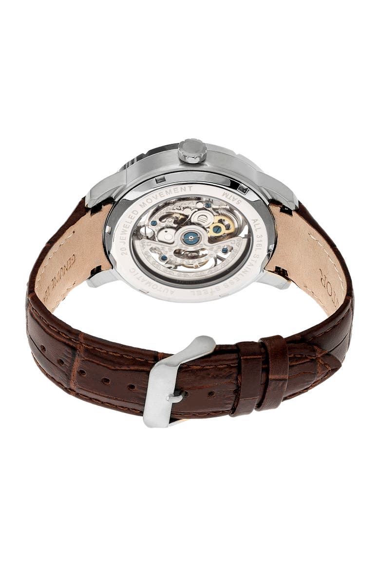 Ryder Skeleton Leather-Band Watch, Alternate, color, Brown/Silver