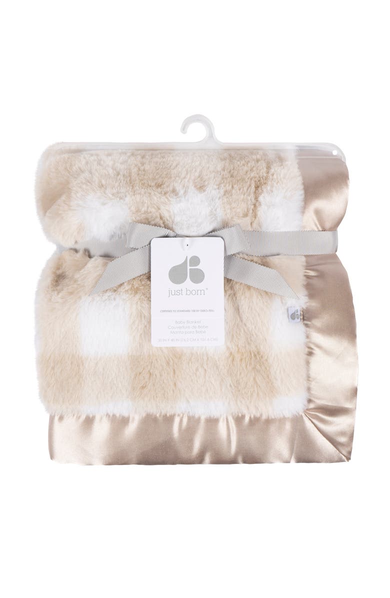 Just Born Plaid Plush Blanket with Satin Trim, Alternate, color, Tan Plaid