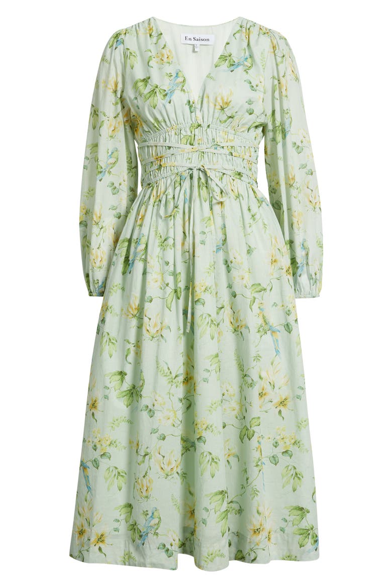 Rylee Floral Long Sleeve Cotton Midi Dress, Alternate, color, SAGE OLIVE YELLOW