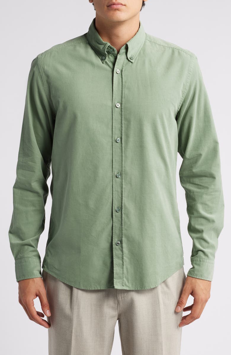BOSS Liam Solid Cotton Corduroy Button-Down Shirt, Main, color, Light Green