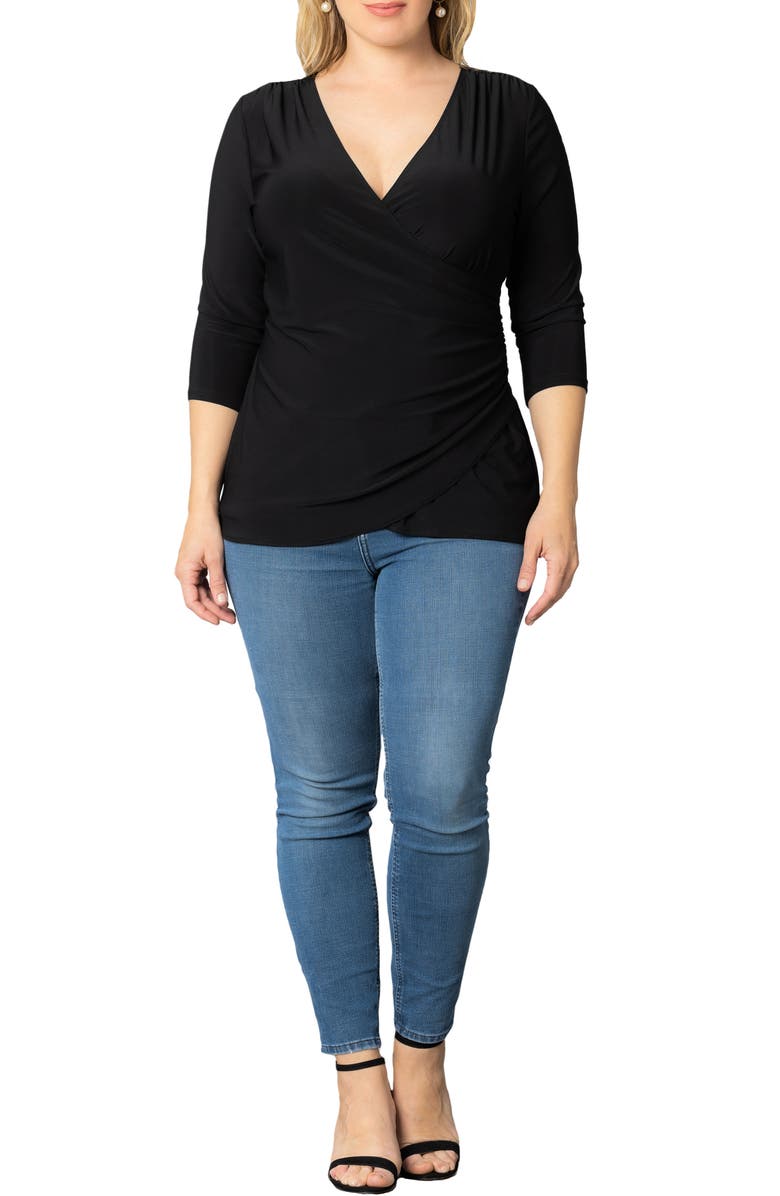 Kiyonna Faux Wrap Top, Alternate, color, Black