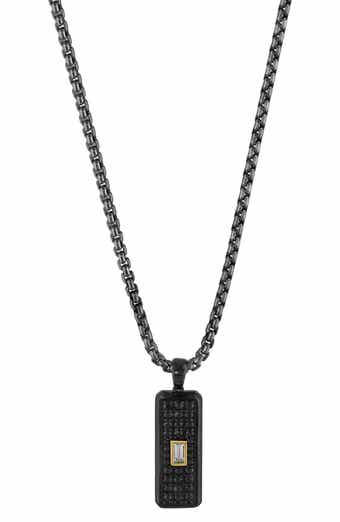 Men's Two-Tone Black Spinel & White Sapphire Dog Tag Pendant Necklace