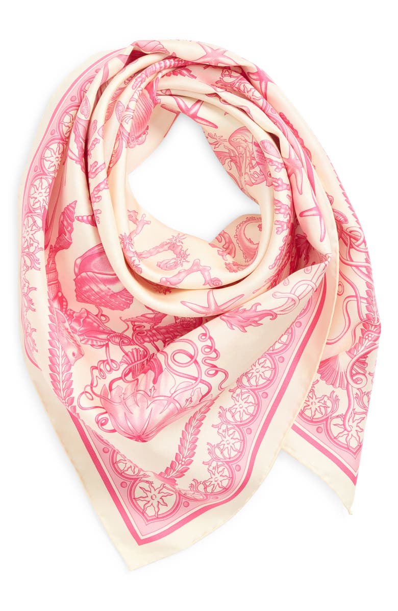 Versace Underwater Barocco Silk Square Scarf, Alternate, color, Eggshell Dragonfruit