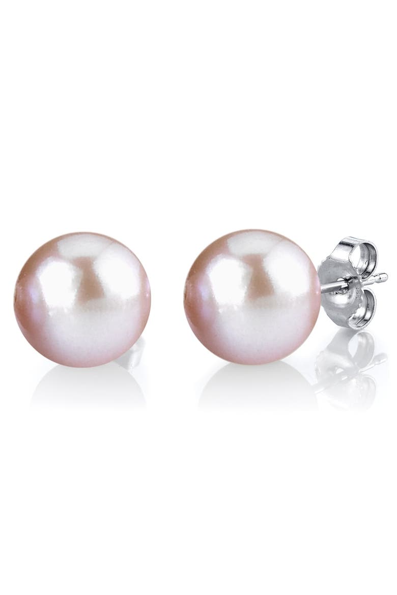 12mm Pink Freshwater Round Pearl Stud Earrings, Main, color, White Gold