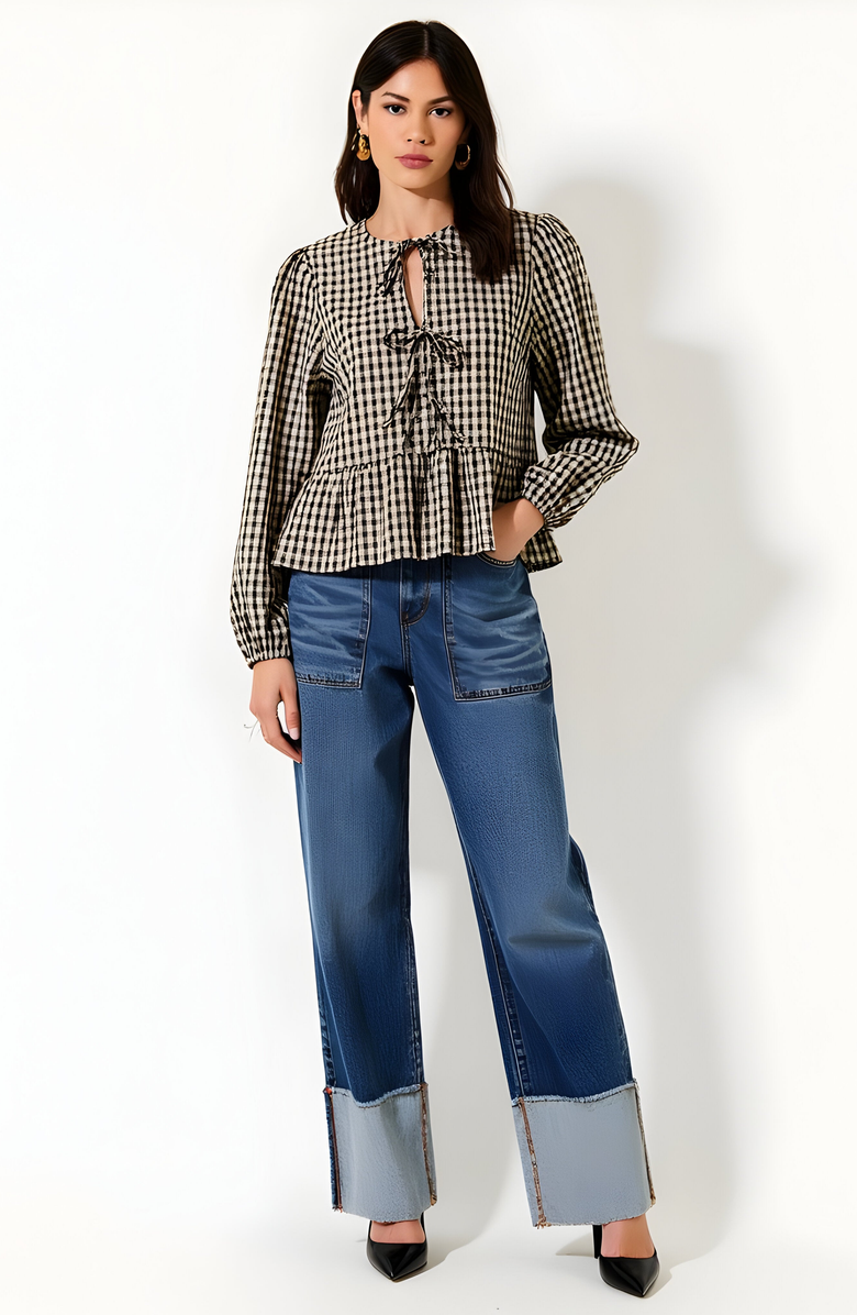 Modenaire Gingham Peplum Blouse with Front Tie and Ruffle Hem, Alternate, color,
