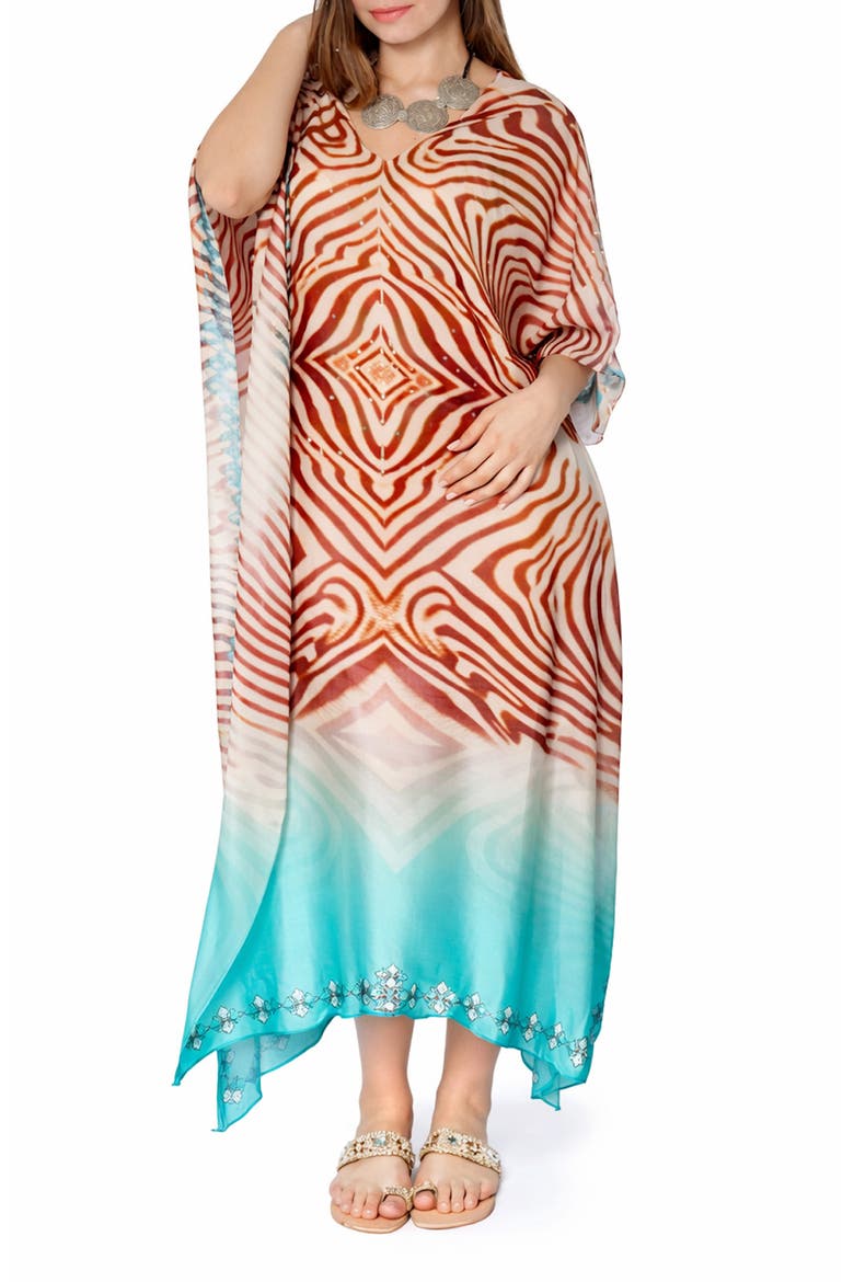 Print V-Neck Maxi Caftan, Main, color, BROWN