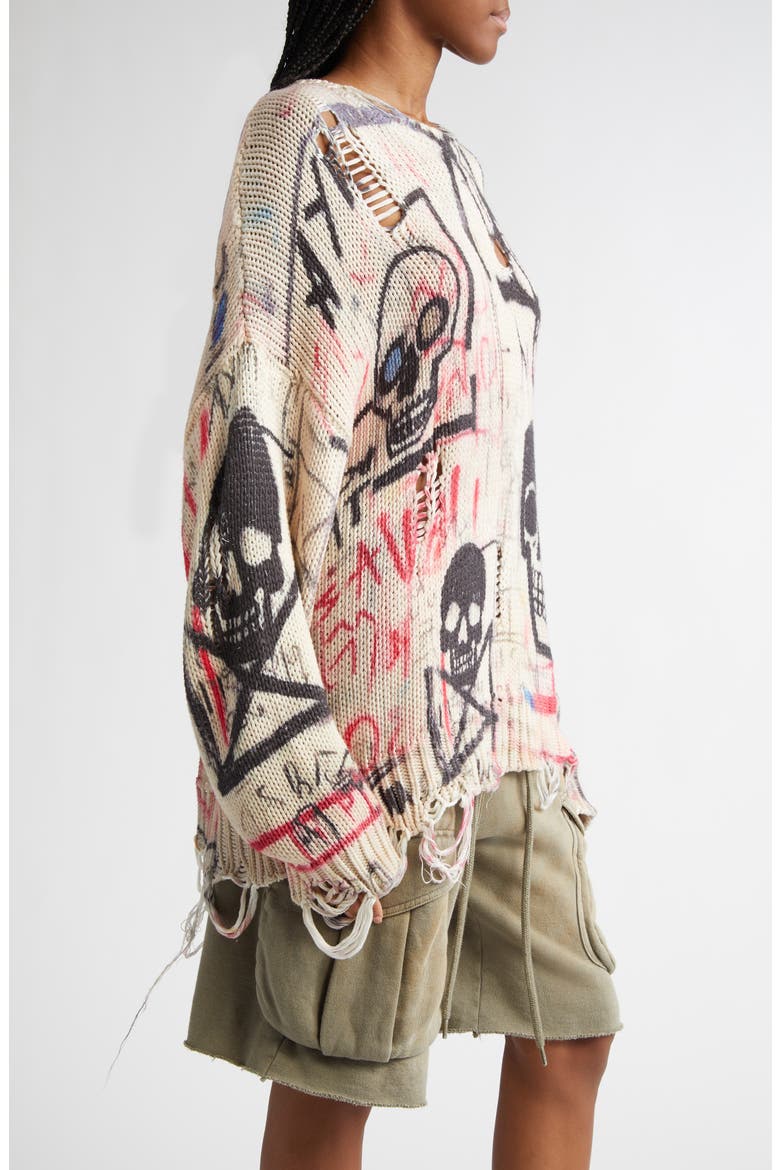 Distressed Oversize Skull Graffiti Print Sweater, Alternate, color, SKULL GRAFFITI PRINT