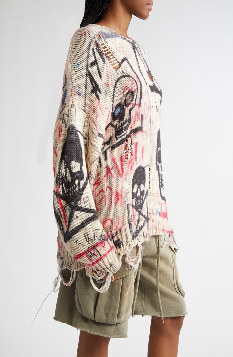 R13 Distressed Oversize Skull Graffiti Print Sweater, Alternate, color, 